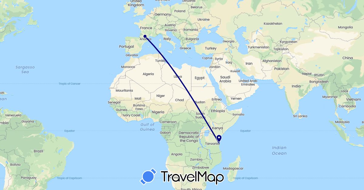 TravelMap itinerary: driving in France, Tanzania (Africa, Europe)